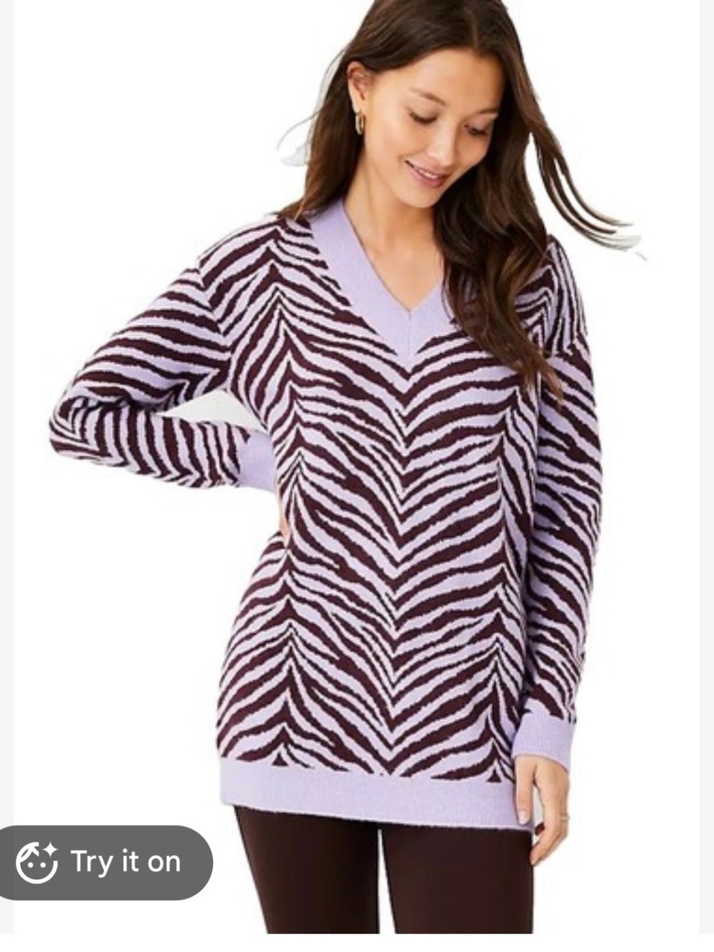 Lavender Zebra V‑Neck Sweater